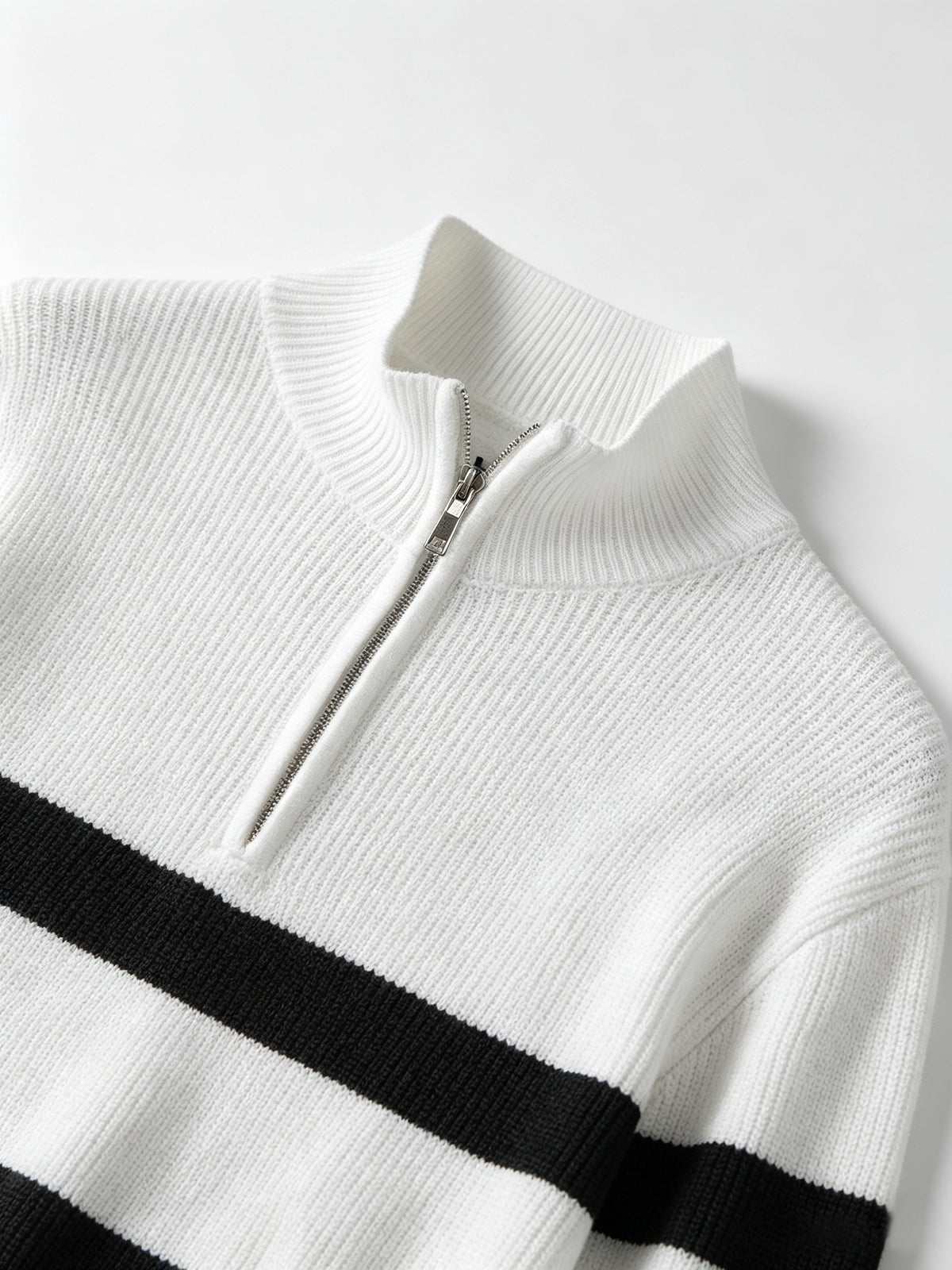 Men'S Semi-High Neck Zipper Knit Sweater, Wide Horizontal Stripe Long Sleeve Pullover, Casual Loose Knit Jacket - White