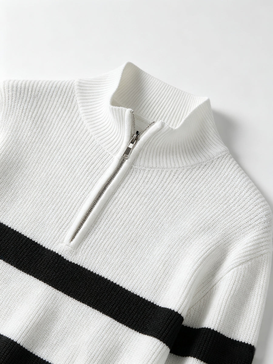 Men'S Semi-High Neck Zipper Knit Sweater, Wide Horizontal Stripe Long Sleeve Pullover, Casual Loose Knit Jacket - White