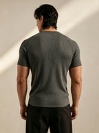 Men's Vertical Ribbed Pin Stripe Henley Neck Short Sleeve T-Shirt, Slim Fit Muscle-Defining Shaping Top, Stretchy Breathable Ribbed Raglan Sleeve Knitwear, Versatile Henley Shirt for Fitness, Commuting, and Daily Wear - Dark Gray