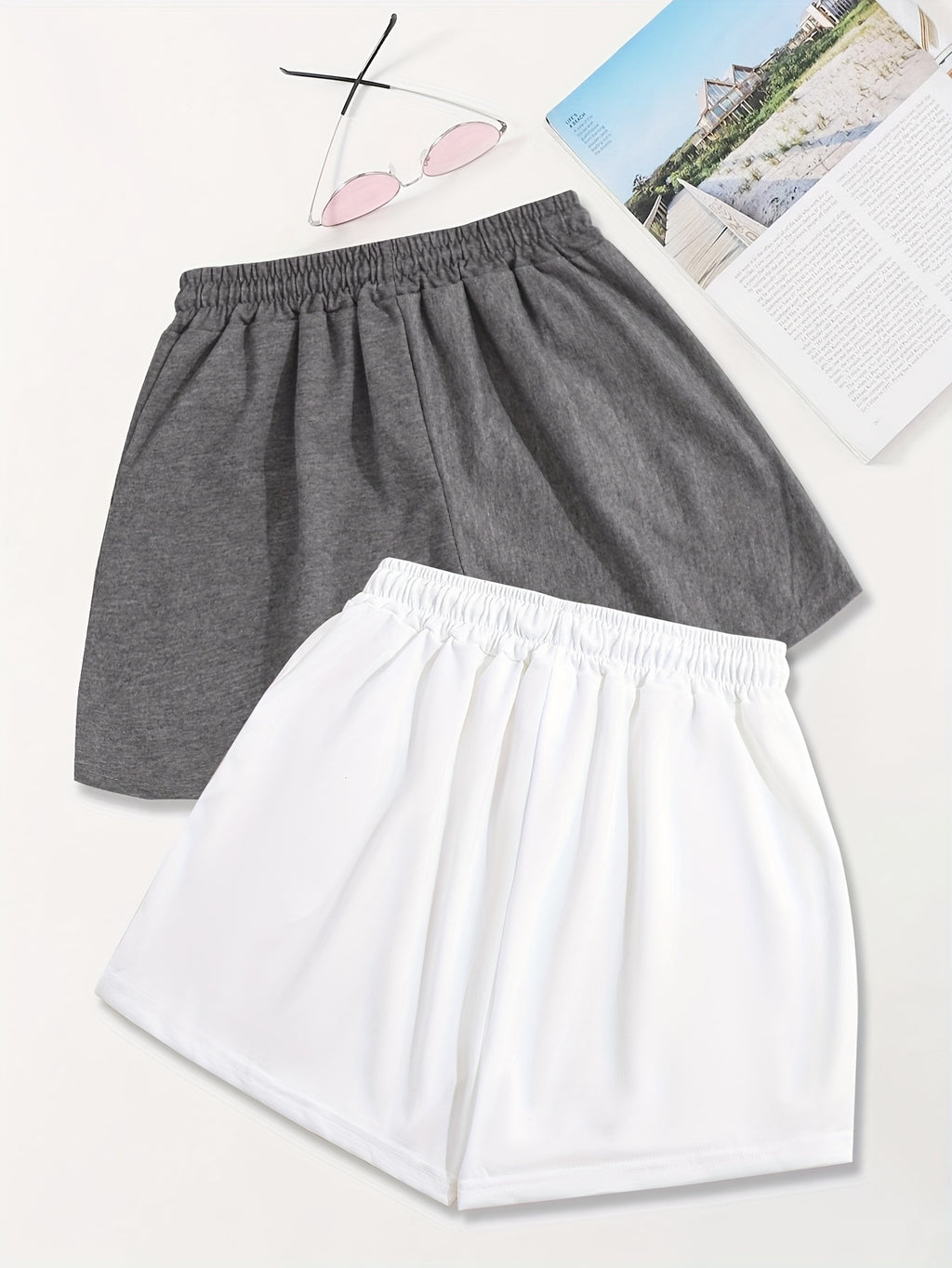 2pcs,Letter Print Drawstring Shorts, Casual Shorts, Women's Clothing - white+dark gray