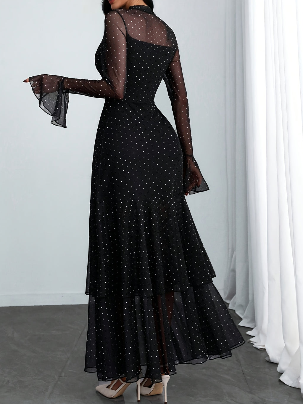 Women'S Romantic Sexy Elegant Modern Polka Dot Printed Stand Collar, Waist Double Slit Multi-Layered Skirt Dress, Suitable for Dates, Vacations, And Casual Wear, Belt Not Included - Black