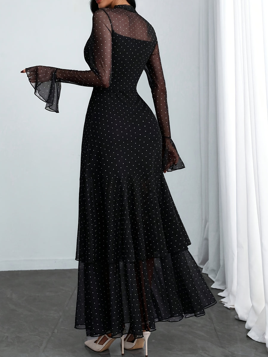 Women'S Romantic Sexy Elegant Modern Polka Dot Printed Stand Collar, Waist Double Slit Multi-Layered Skirt Dress, Suitable for Dates, Vacations, And Casual Wear, Belt Not Included - Black