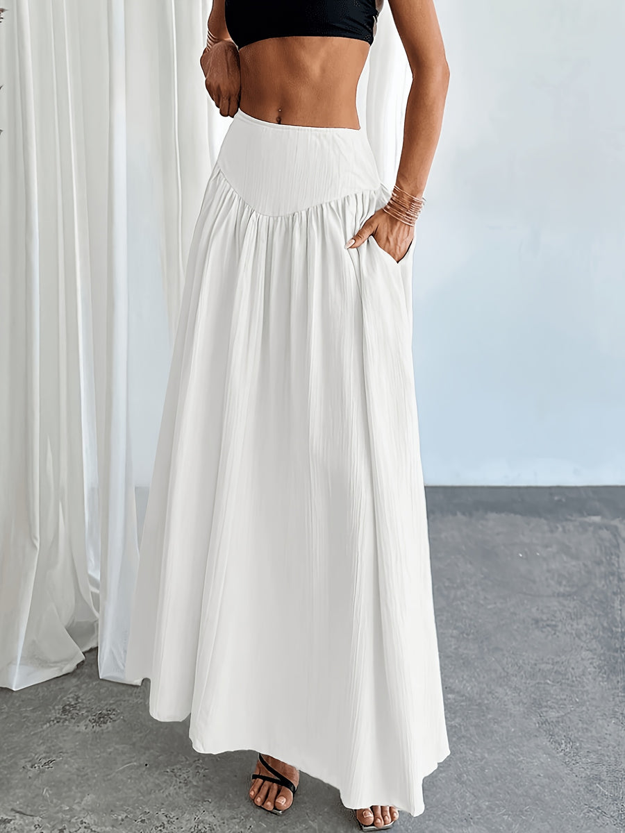 Women's Waist-Cinching Pleated Flared Skirt with Solid Pockets, Comfortable, Versatile, and Elegant, Suitable for Casual Daily Wear and Stylish Commuting, All-Season - White