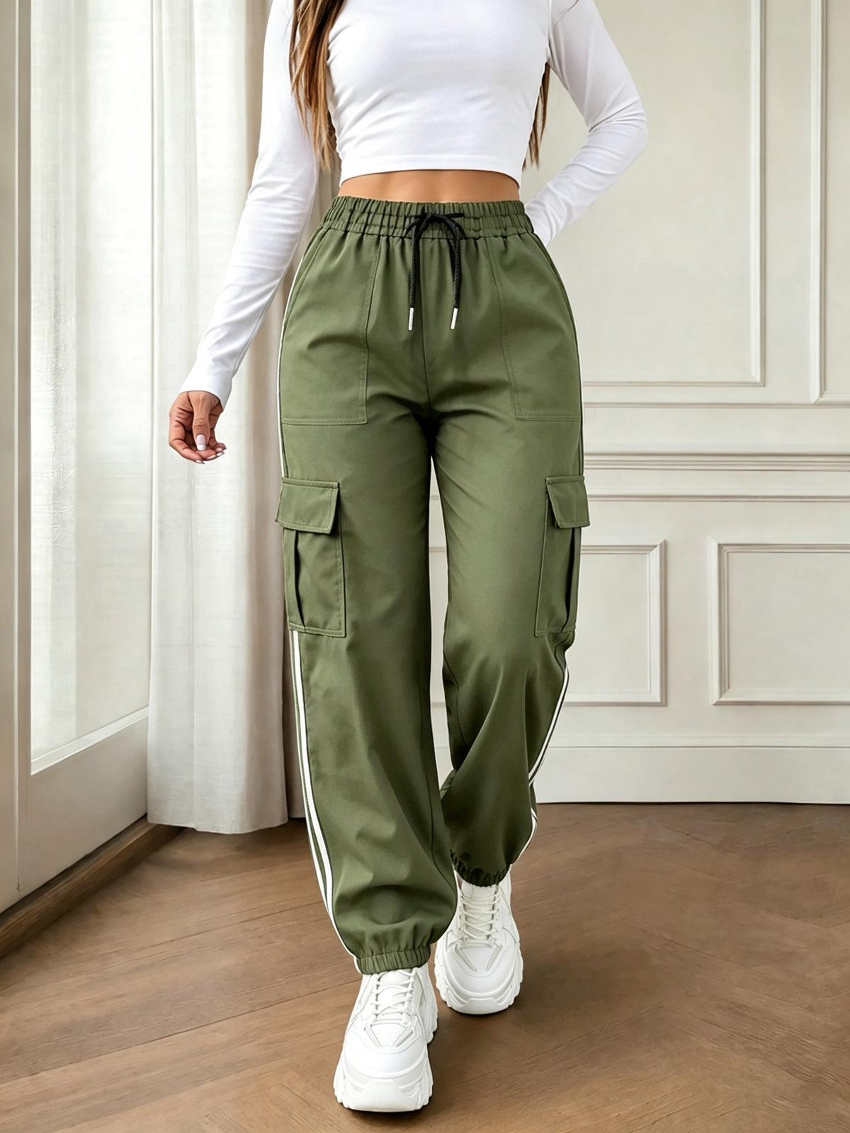 2026 New Striped Drawstring Elastic Waist Sporty Casual Women's Cargo Pants - Olive Green