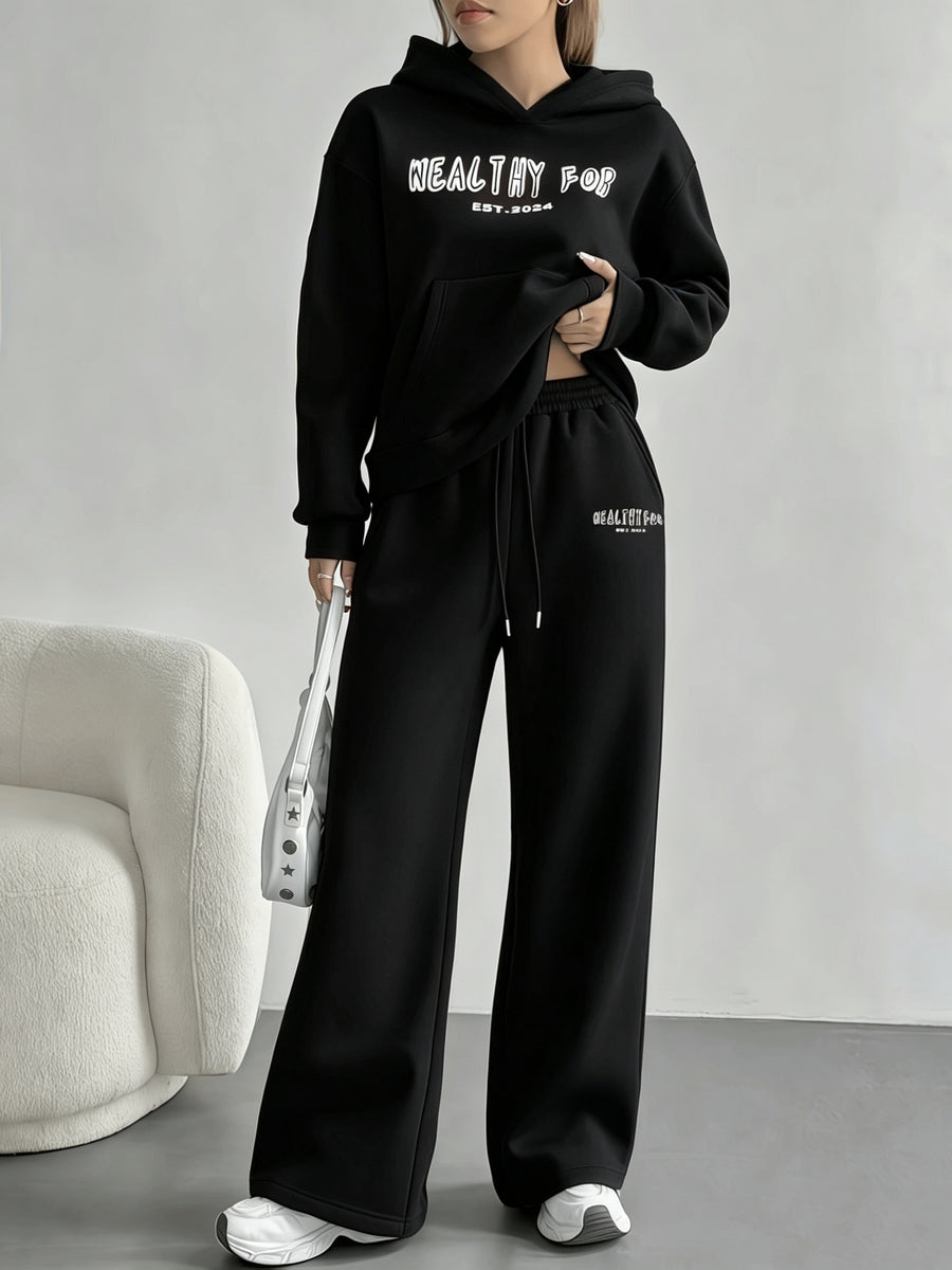 Autumn and Winter Latest Style Women's Hoodie Set, Fashionable and Casual Y Long-sleeve Set - Black