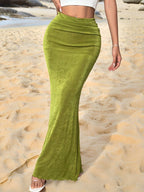 New Summer Women's Simple and Elegant Green Low-Waist Maxi Skirt, Suitable for Summer Vacations, Solid Color Mermaid Skirt, Women's Half Skirt - Green