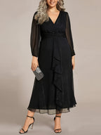 Elegant French-Style Waist-Cinching V-Neck Lantern Sleeve Temperament Midi Evening Gown New Women's Dress - Black