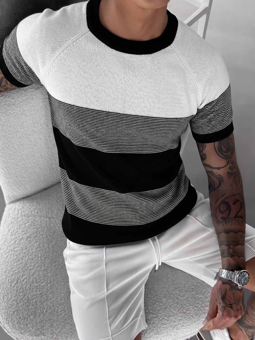Summer Men'S Trendy Apparel Fashionable Individual Comfortable Versatile Knit Short Sleeve, Casual Classic Black And White Striped Contrast Round Neck Sweater, Office School Travel Vacation Street Wear - Black