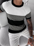 Summer Men'S Trendy Apparel Fashionable Individual Comfortable Versatile Knit Short Sleeve, Casual Classic Black And White Striped Contrast Round Neck Sweater, Office School Travel Vacation Street Wear - Black