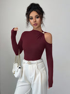 Women's Fashion Slant Collar Design with Metal Decoration Autumn Winter Long Sleeve Top - Deep Red