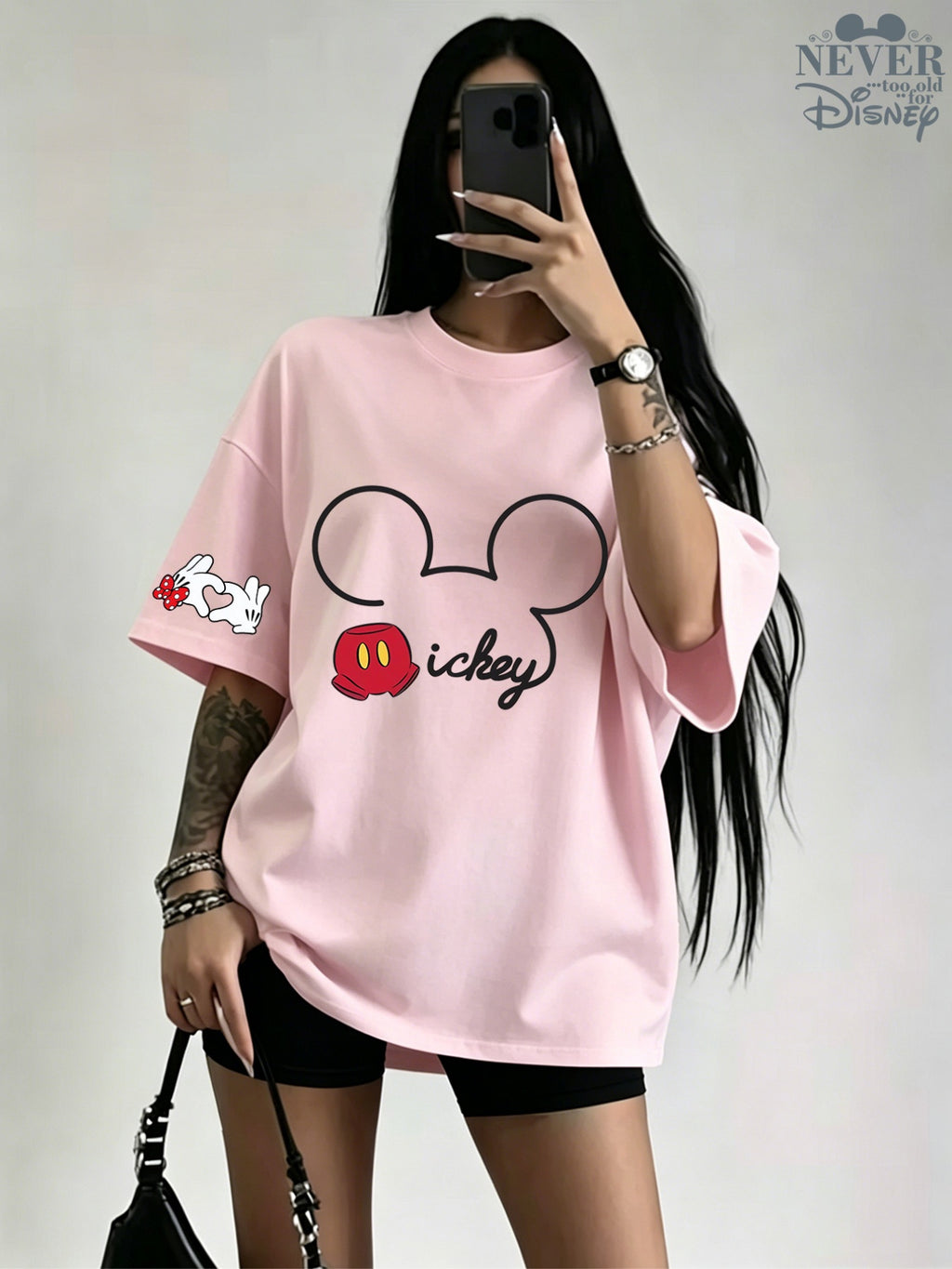 Authorized Women'S Hot Product Summer Pure Short Sleeve Top, Mickey Classic Portrait Red Gloves Cartoon Character Print Individual Fashion Short Sleeve Round Neck Pure T-Shirt, Round Neck Casual Comfortable Fashion Versatile - pink color