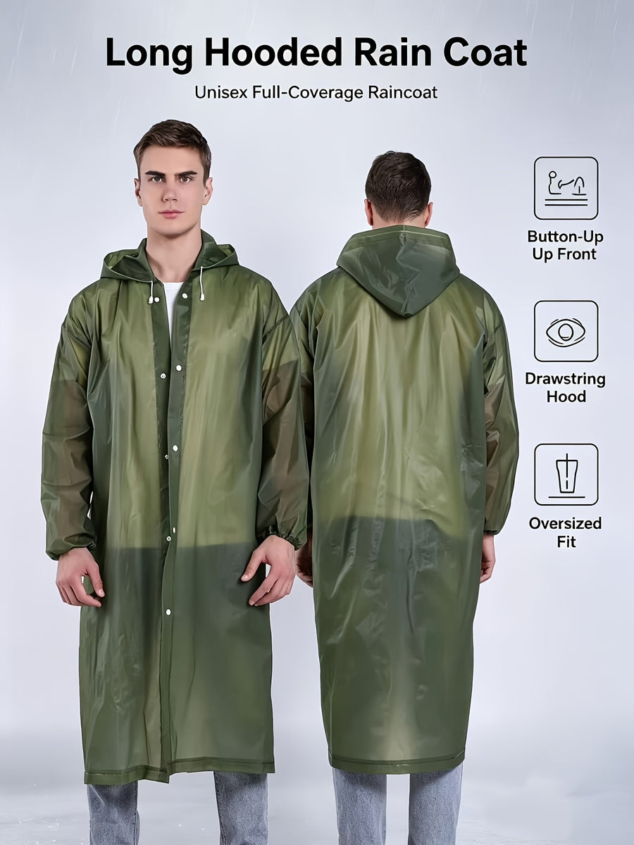 Unisex Adult Long Hooded Raincoat with Button Closure; Loose Fit Suitable for Tall People; Lightweight and Easy to Store, Foldable and Portable; Adjustable Hood with Drawstring + Elastic Cuffs; Foldable, Suitable for Commuting,, Travel, Rainy Day - Green-Cloth