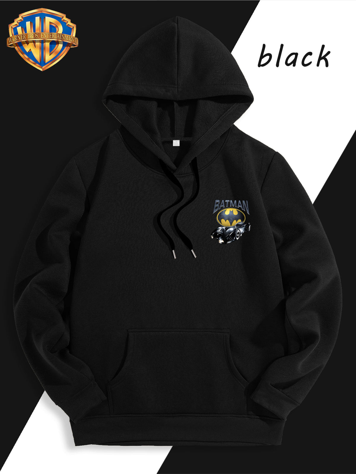 Batman Batmobile Print Hoodie, DC Movie Front-Back Print Loose Trendy Sweatshirt, Streetwear Casual Men'S Adjustable Drawstring Hoodie, Comfortable Casual Fall/Winter Wear, Fleece-Lined Warm, Suitable for Sports, Outdoor, Outings, Travel - Black