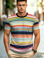 Comfortable Fit Casual Street-style Top with Colorful Stripes, Suitable for Daily Wear and as a Boyfriend Gift, Casual Sporty Style, Machine Washable - Mixed colors