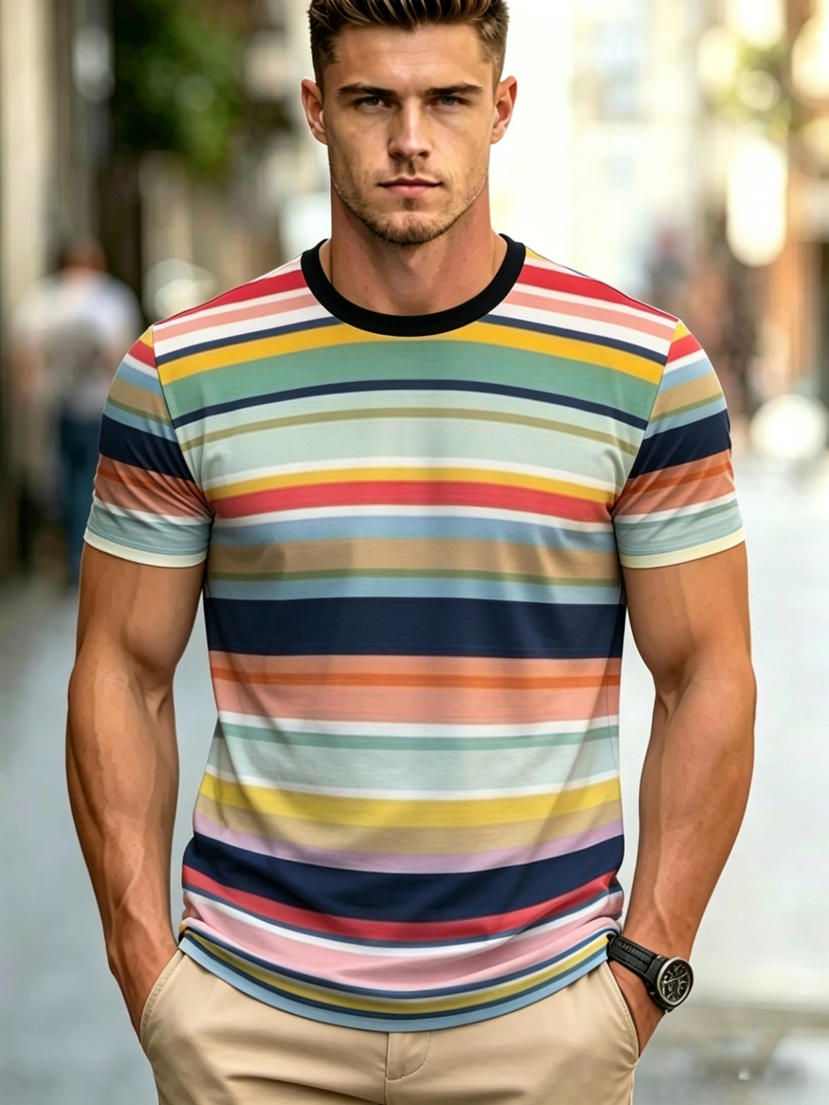 Comfortable Fit Casual Street-style Top with Colorful Stripes, Suitable for Daily Wear and as a Boyfriend Gift, Casual Sporty Style, Machine Washable - Mixed colors