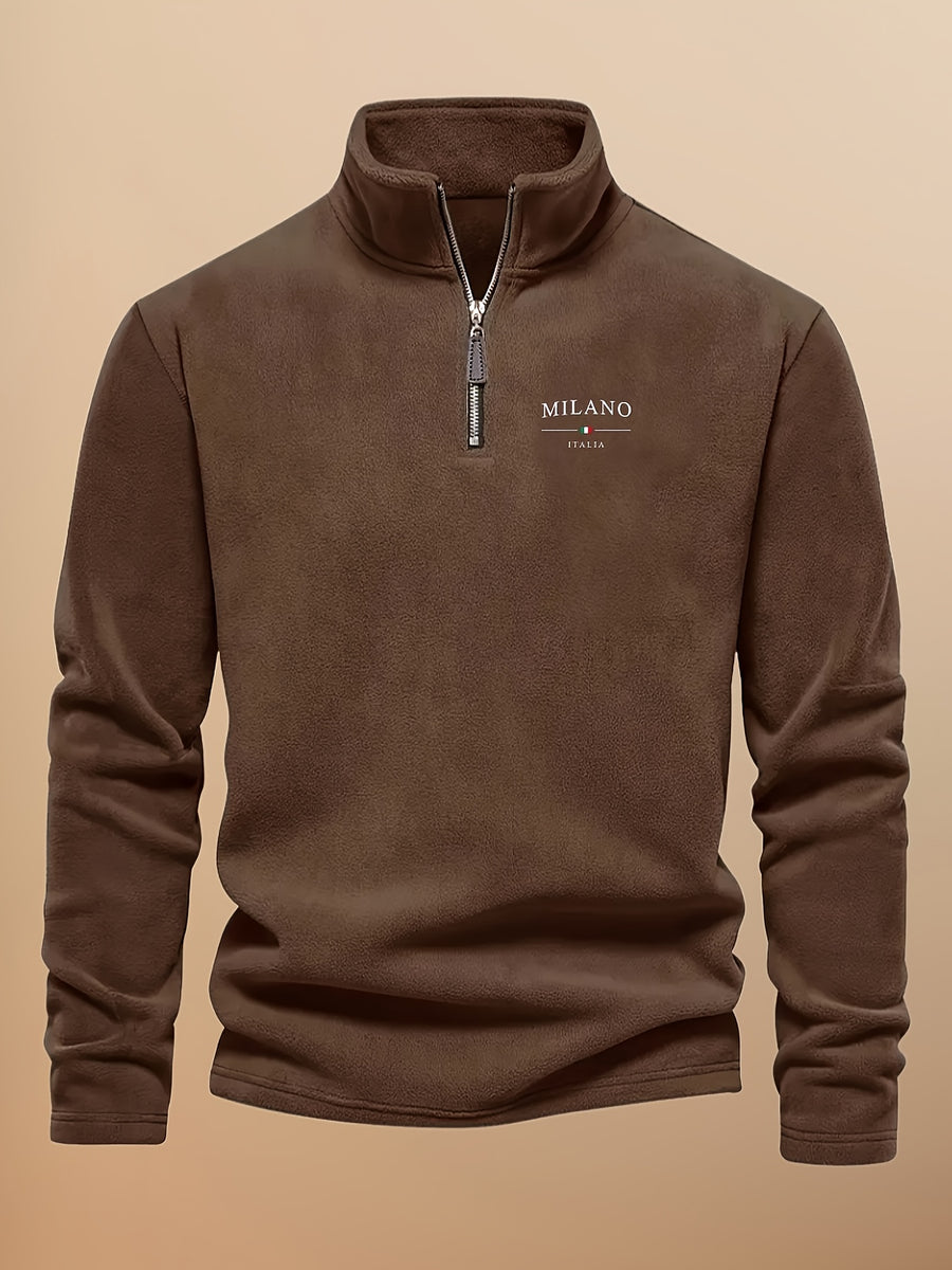 Autumn Winter Men'S Fleece Thickened Henley Stand-Up Collar Sweatshirt 1/4 Zip Warm Top Double-Faced Fleece Jacket, New Season - Coffee Color