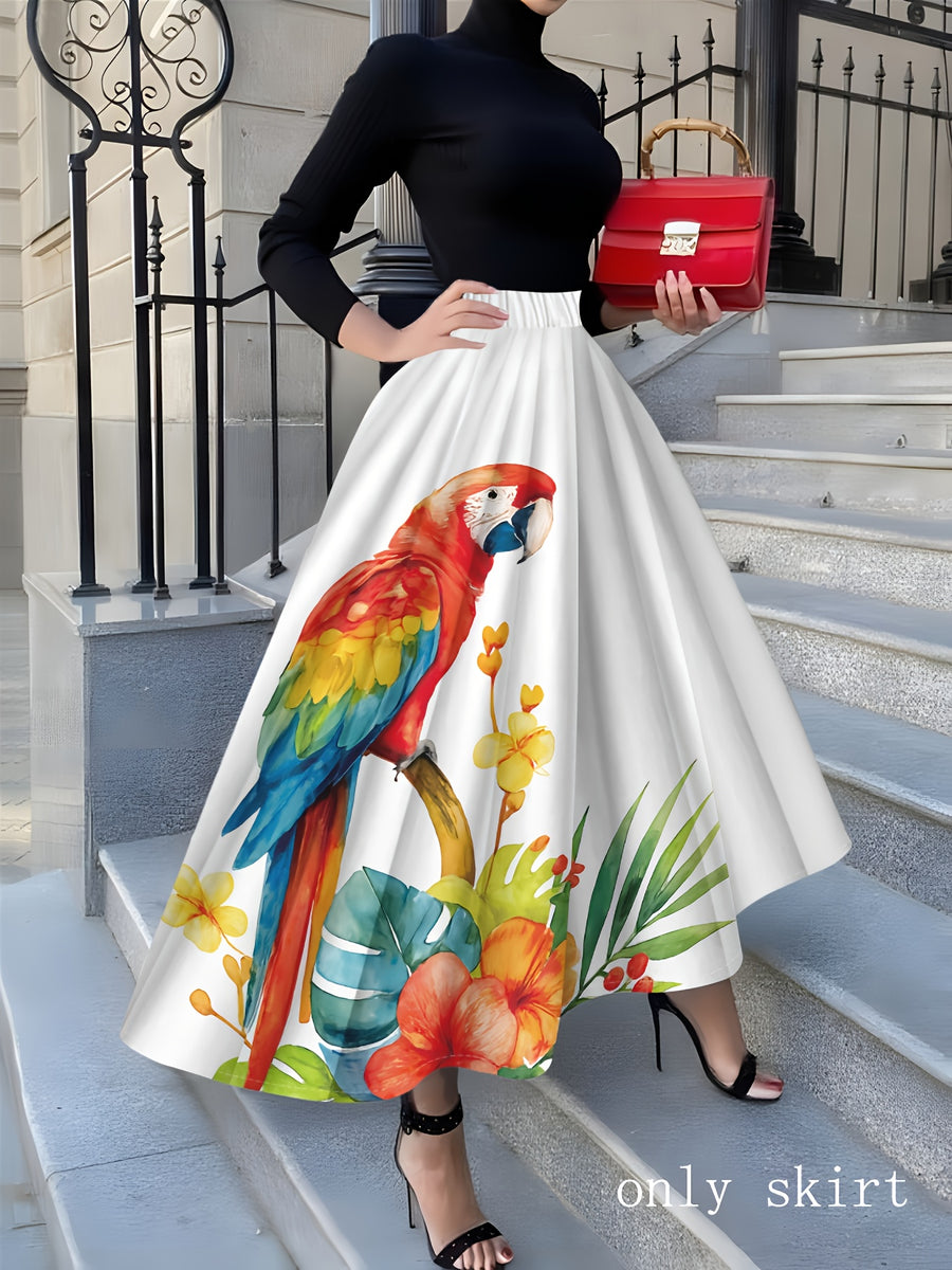 Printed Design White Parrot And Tropical Floral Print Vacation Style Women'S Short Skirt - Mixed colors