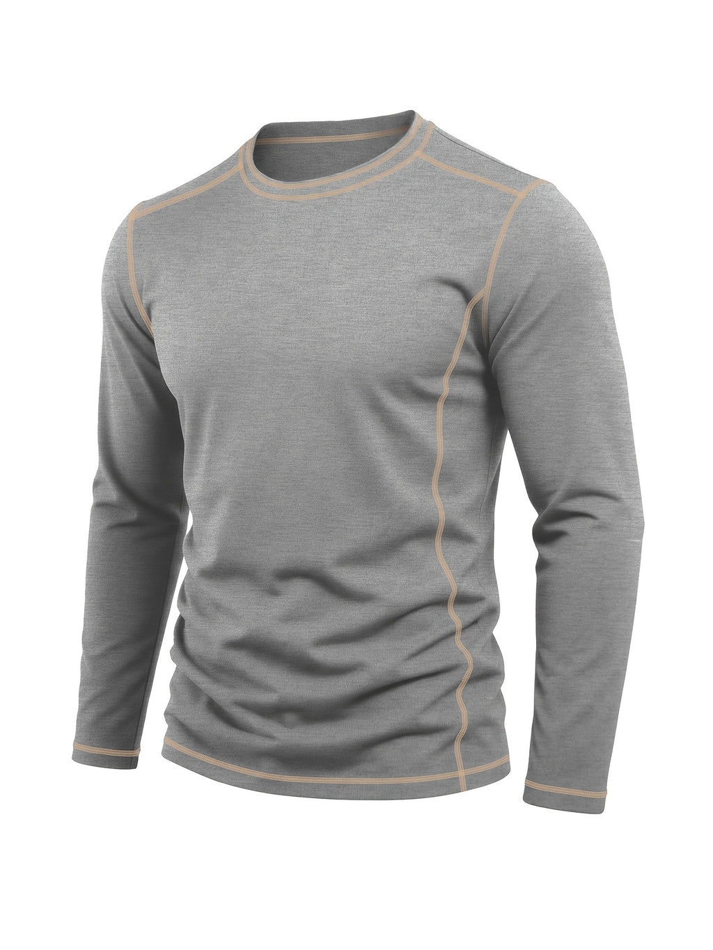 Men's Retro Patchwork T-Shirt - Solid Color Base with Contrast Patch Suitable for Fall/Winter, Round Neck Long Sleeve Casual Layering Top, Machine Washable Blending Shirt for Outdoor & Casual Attire (Regular Fit) - Light Grey