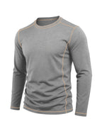 Men's Retro Patchwork T-Shirt - Solid Color Base with Contrast Patch Suitable for Fall/Winter, Round Neck Long Sleeve Casual Layering Top, Machine Washable Blending Shirt for Outdoor & Casual Attire (Regular Fit) - Light Grey