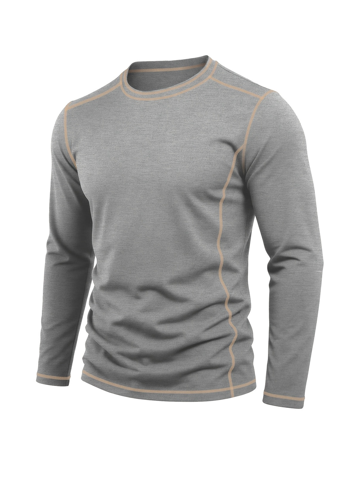 Men's Retro Patchwork T-Shirt - Solid Color Base with Contrast Patch Suitable for Fall/Winter, Round Neck Long Sleeve Casual Layering Top, Machine Washable Blending Shirt for Outdoor & Casual Attire (Regular Fit) - Light Grey