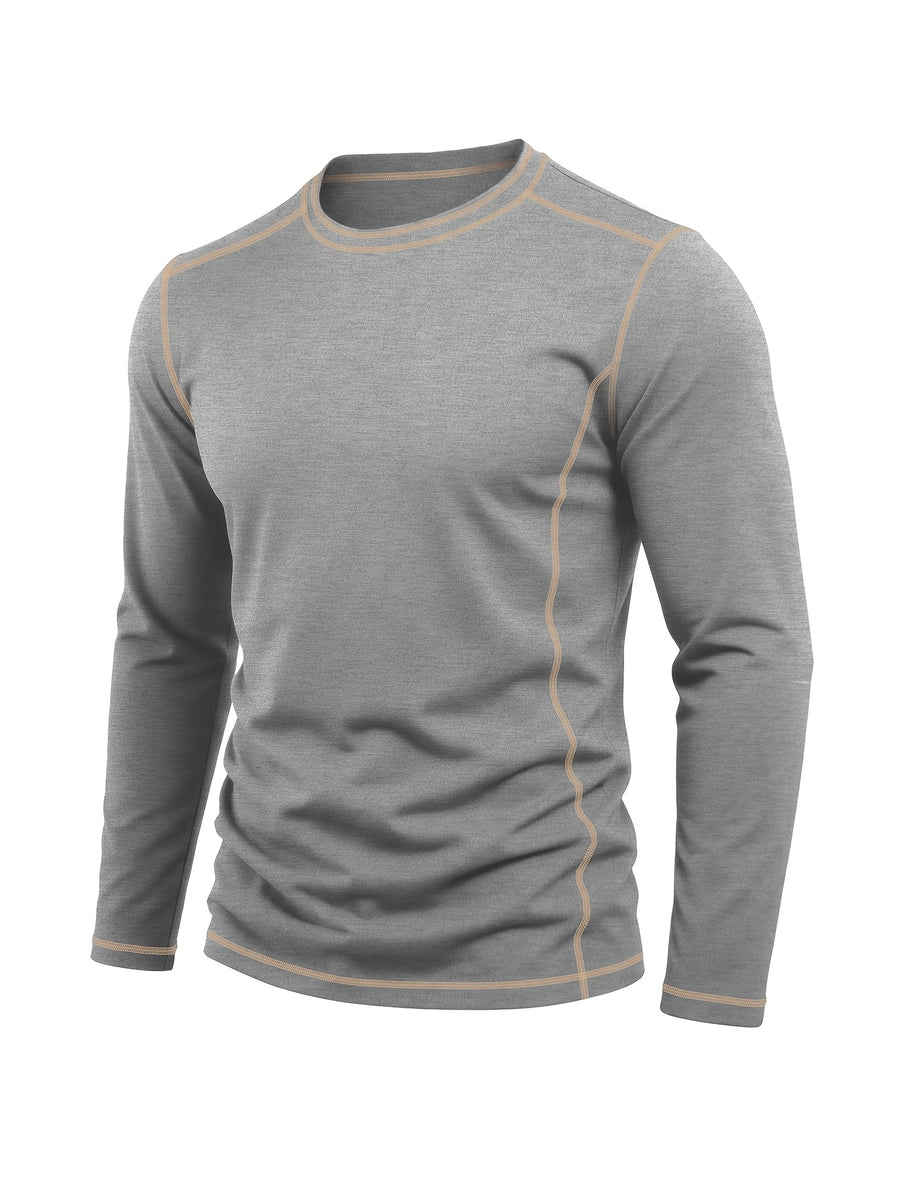 Men's Retro Patchwork T-Shirt - Solid Color Base with Contrast Patch Suitable for Fall/Winter, Round Neck Long Sleeve Casual Layering Top, Machine Washable Blending Shirt for Outdoor & Casual Attire (Regular Fit) - Light Grey