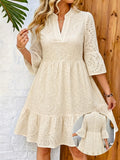 Women's White Hollow Embroidered Notch Collar Multi-Layer Split A-Hem Dress for Spring - Apricot