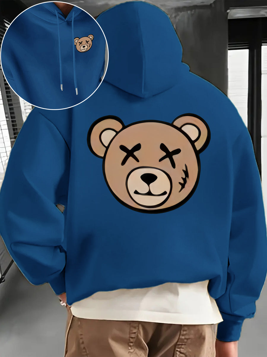 Men's Fashion Hoodie, Loose Fit Casual Top with "Bear" Letter Print, Long Sleeve Sweatshirt with Kangaroo Pocket, Casual Polyester Knit Fabric, Machine Washable, Suitable for Outdoor Casual Wear - Peacock Blue