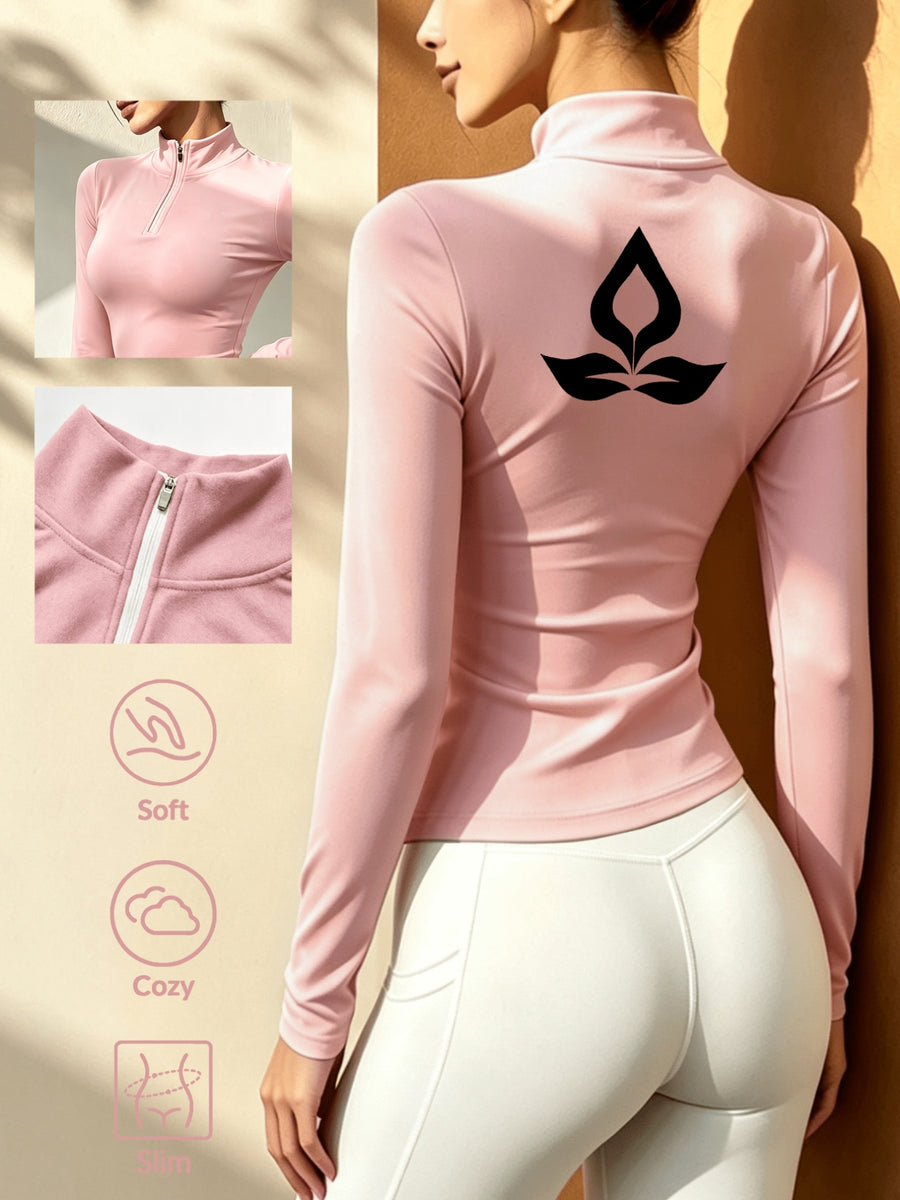 Stand-Collar Half-Zip Long Sleeve T-Shirt, Autumn Winter Warm Semi-High Neck Base Layer Top - pink