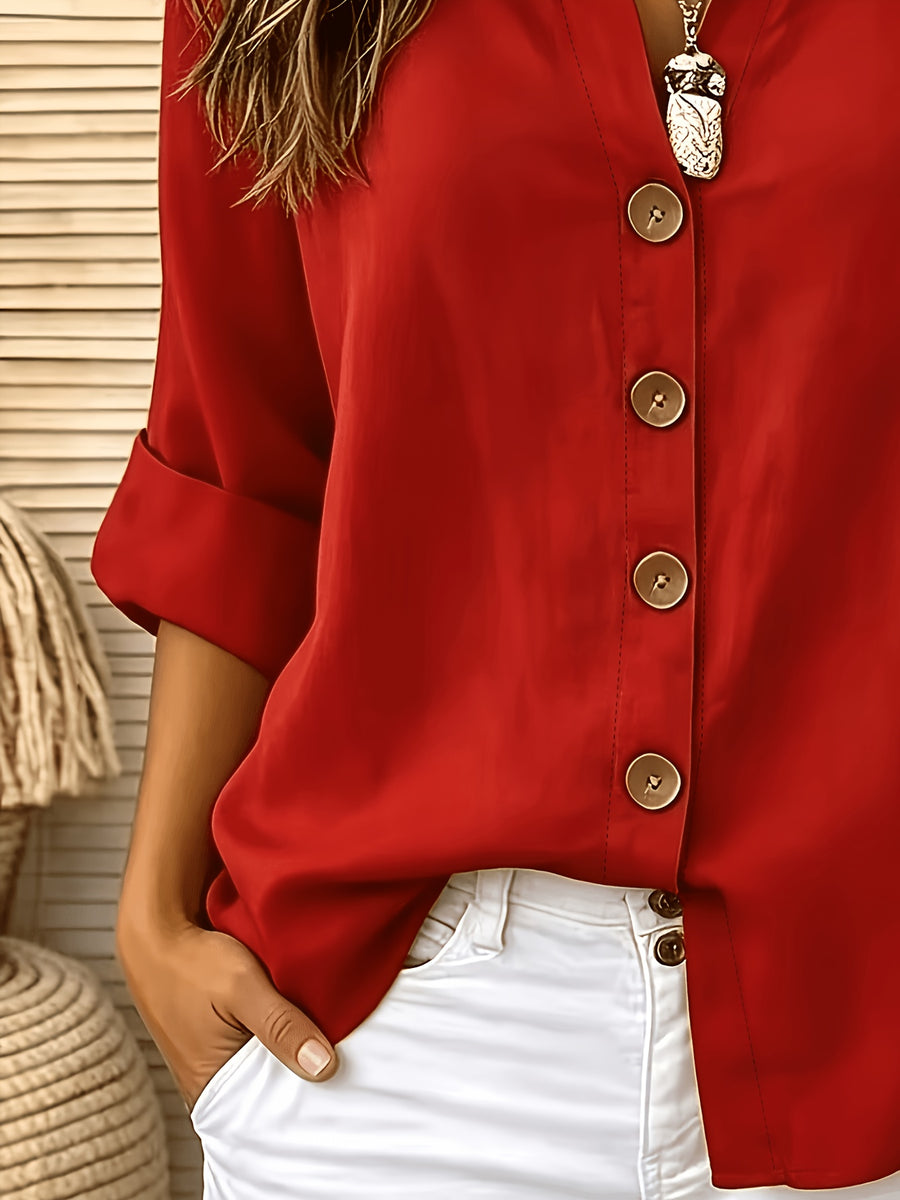 Women's Button-Up V-Neck Roll-Up Three-Quarter Sleeve Summer Casual Vacation Top JYDX - Red