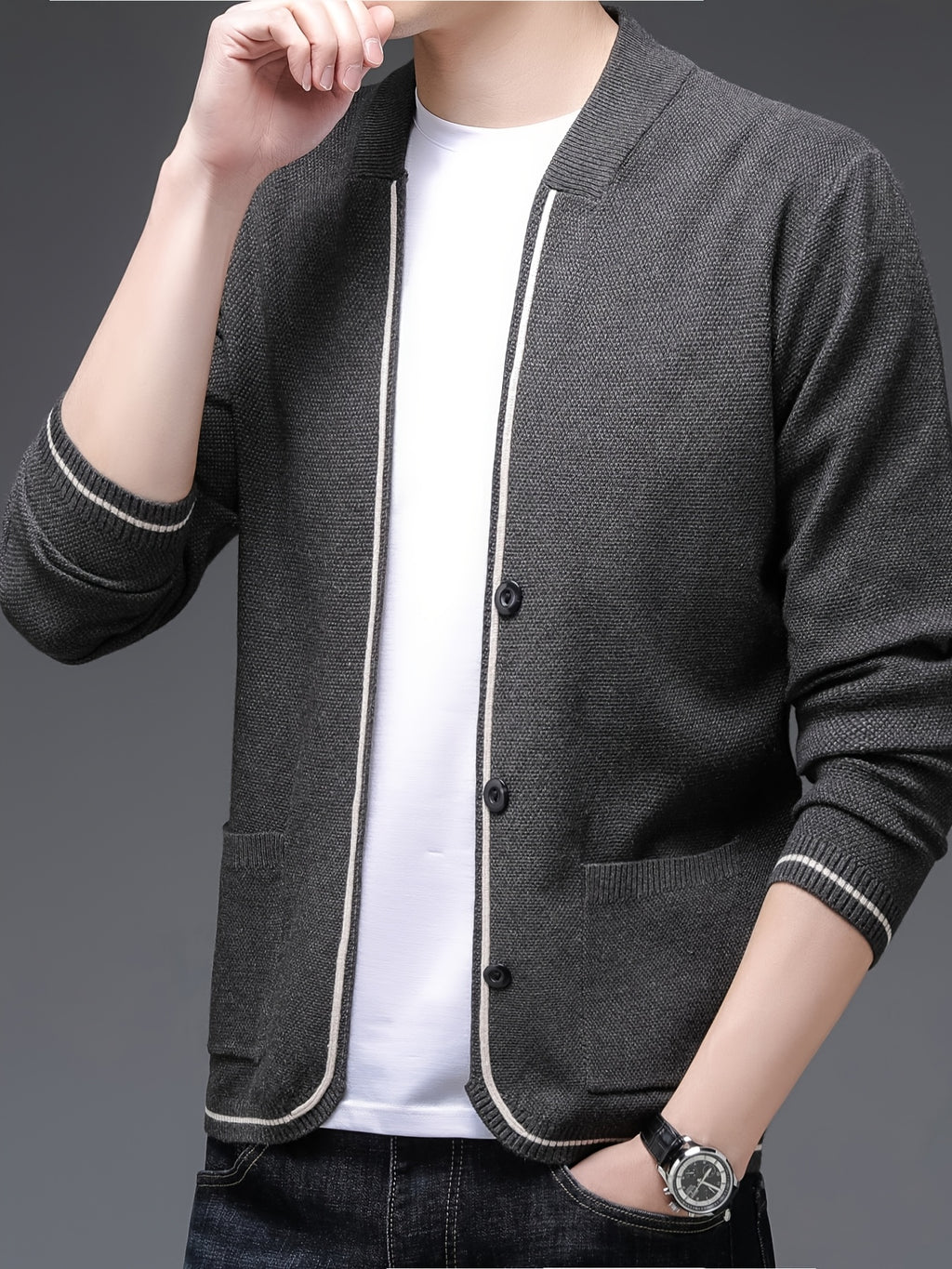Spring/Autumn Men'S V-Neck Sweater, Business Style Office Wear Slimming Versatile Top, Knit - Grey