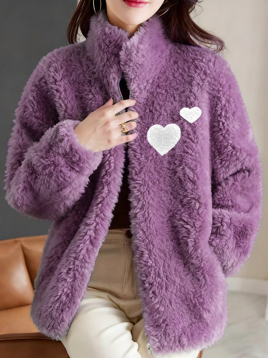 Solid Color Zipper Plush Jacket - Purple