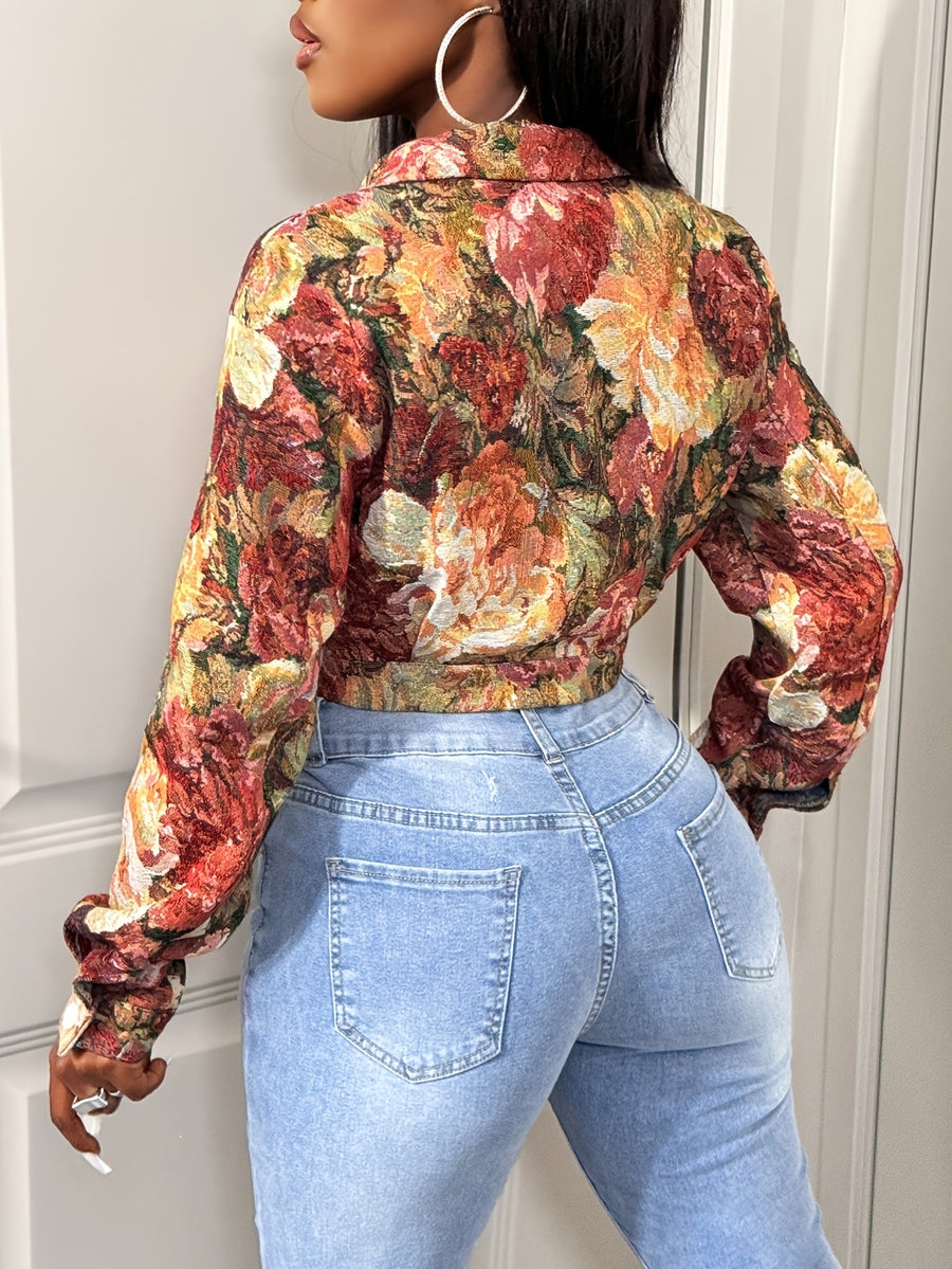 Women's Spring/Autumn Elegant Floral Embroidered Jacket, Fashionable Commuter Lapel Short Outerwear, Casual Floral Front Button Flap Cardigan, Versatile Top - Multicolor