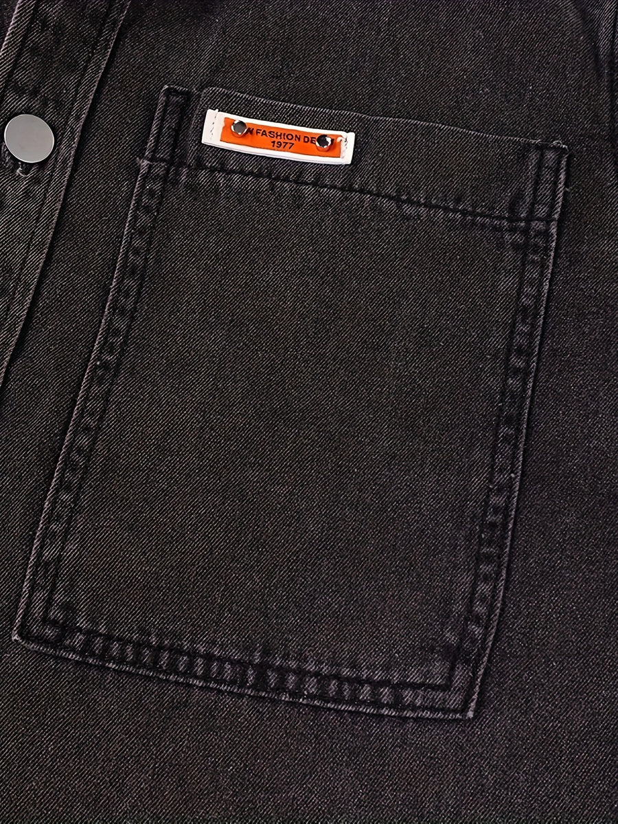 9011# Men's Loose Fit Non-Stretch Denim Shirt - Classic Collar Long Sleeve with Chest Pockets, Machine Washable Casual & Party Wear for Spring/Fall, Plus Size Available, Spring Fall Attire, Stylish Chest Pocketing, Durable Fabric, Nonstretch Material - Soot Black