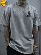 Warner Bros. Officially Authorizes Sketch Style Sitting up Print Retro Washed Distressed Short Sleeved T-shirt for Both Men and Women, Machine Washable Daily Commuting Outdoor Sports and Leisure Top - Grey