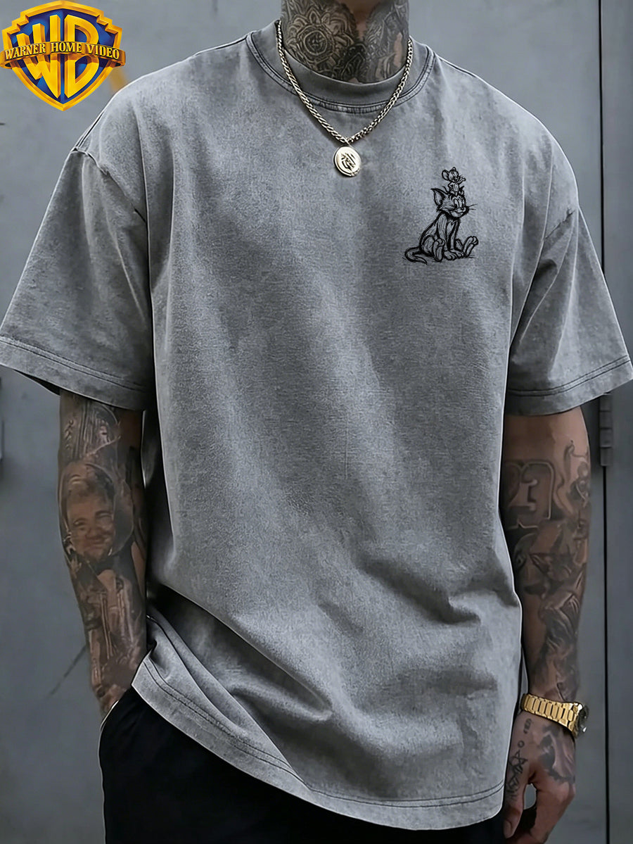 Warner Bros. Officially Authorizes Sketch Style Sitting up Print Retro Washed Distressed Short Sleeved T-shirt for Both Men and Women, Machine Washable Daily Commuting Outdoor Sports and Leisure Top - Grey