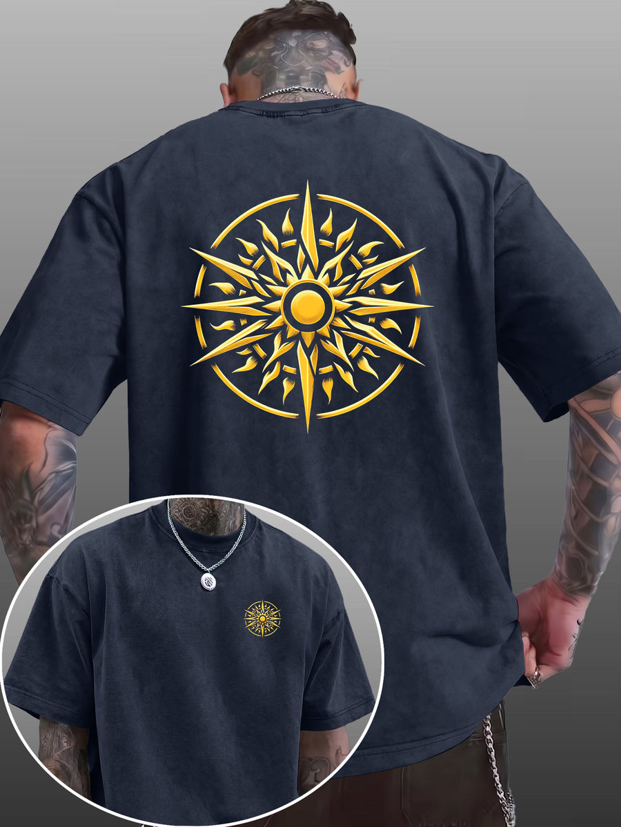 Men's Short-Sleeve T-Shirt, Pure Cotton Loose Fit Washed Distressed Top, Golden Compass Sun Pattern Trendy Reversible Double-Sided Print, Multiple Colors for Mix & Match, American Streetwear High Street Hip-Hop Style, for Daily Outings - Navy Color
