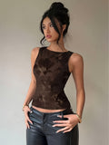 Vintage Brown-Toned Ink-Wash Smudged Floral Print Sleeveless Tank Top, Slim-Fit with Waist-Cinching and Exposed Waist Design, Back Cut-Out with Bow Tie Tie-Back Detail, Edgy and Chic, Waist-Defining for a Effect, Niche Pure Desire Style - Mixed colors