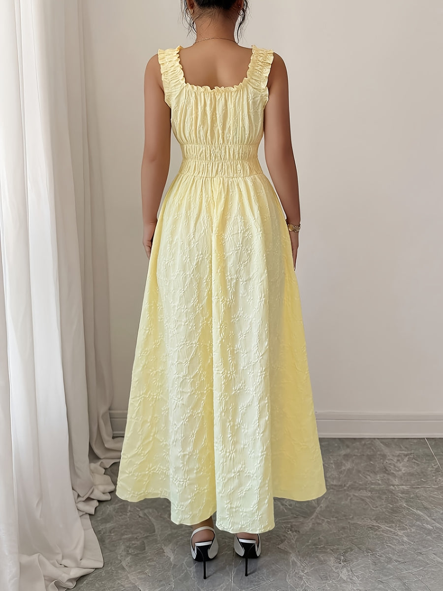 Women'S Spring Summer Solid Color Jacquard Fabric Elegant Long Dress, Made of Floral Textured Fabric, Featuring Thin Straps, Bow Design And Ruched Waist, Presenting a Fashionable, Versatile, Elegant And Exquisite Look - Yellow