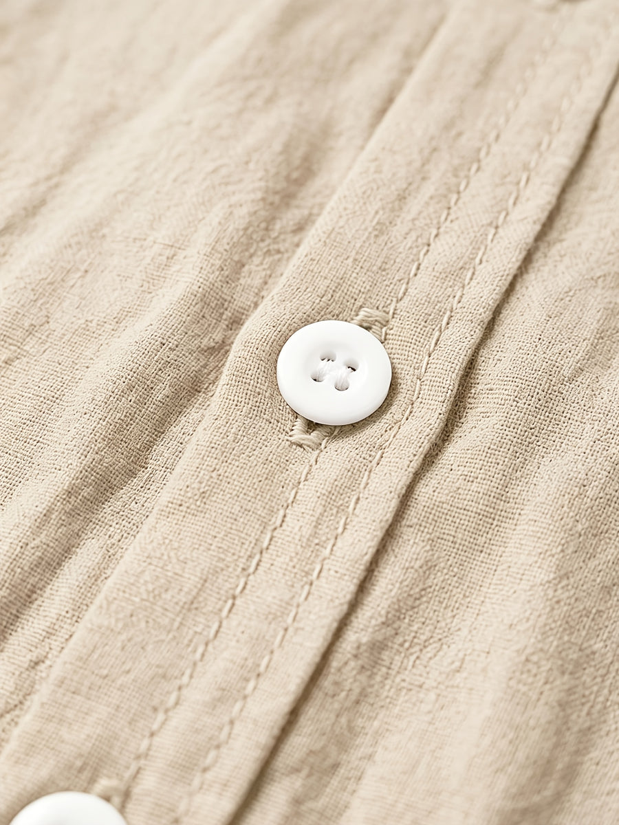 Men's Linen Long-sleeve Shirt, Small Stand-up Collar Button- Casual Shirt, Solid Color Simple and Versatile Style, Suitable for Spring and Autumn Outdoor Activities, Travel and Vacation, and Daily Commuting Wear - Apricot