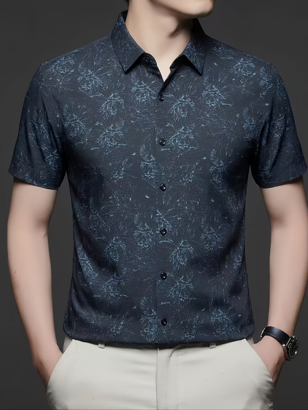 Holiday Gift, Men's, Casual, Seamless, Printed, Short-sleeve Shirt, Cool and Wrinkle-resistant, Fashionable Cardigan - Navy Color