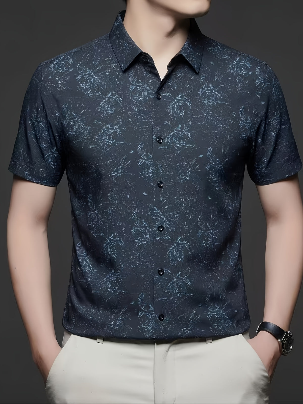 Holiday Gift, Men's, Casual, Seamless, Printed, Short-sleeve Shirt, Cool and Wrinkle-resistant, Fashionable Cardigan - Navy Color
