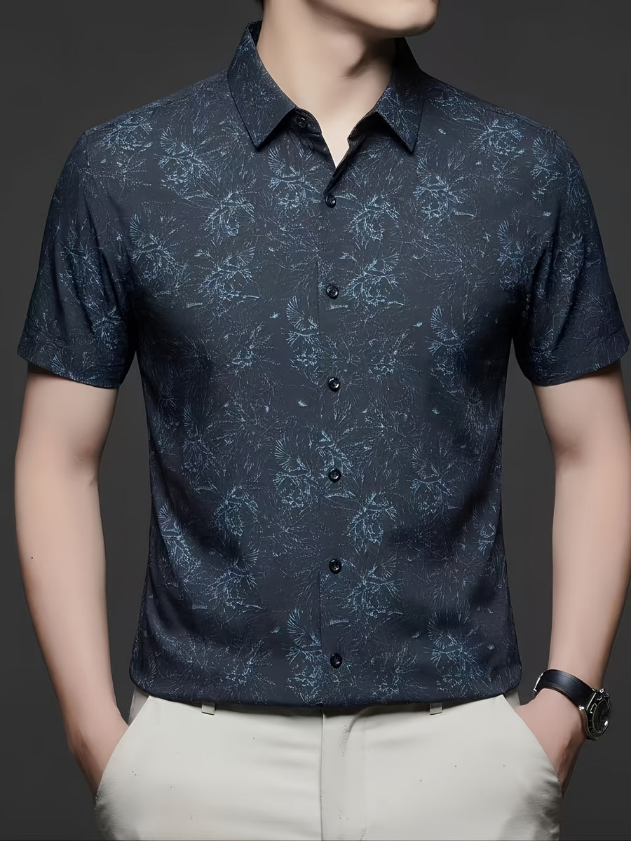 Holiday Gift, Men's, Casual, Seamless, Printed, Short-sleeve Shirt, Cool and Wrinkle-resistant, Fashionable Cardigan - Navy Color