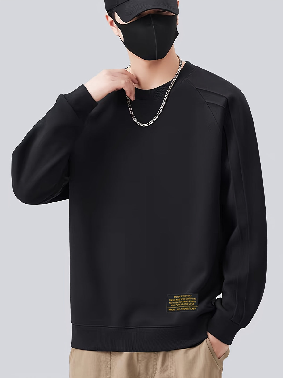Men's Spring/Autumn Loose Fit Crew Neck Long Sleeve Versatile Sweatshirt, Fashionable, Comfortable, Simple Top, Trendy Casual Design - Black