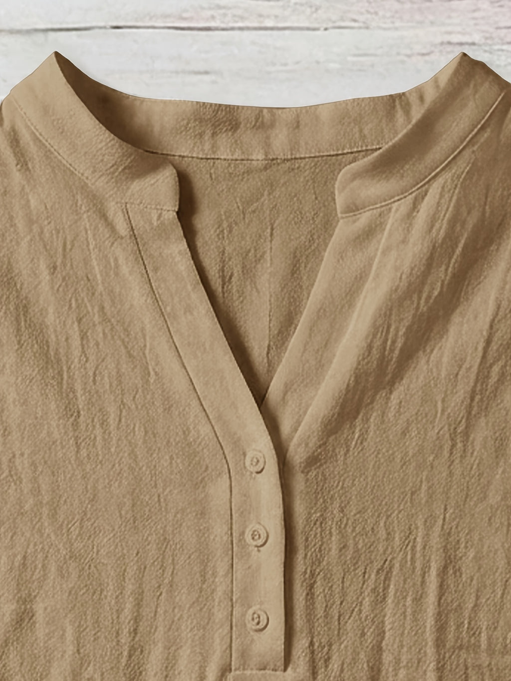 100% Short Sleeve Shirt, Casual Vacation Wear for Summer, V-Neck Design, Country Style Clothing for Women, Suitable for All Occasions, Ideal Choice for Holidays - Khaki