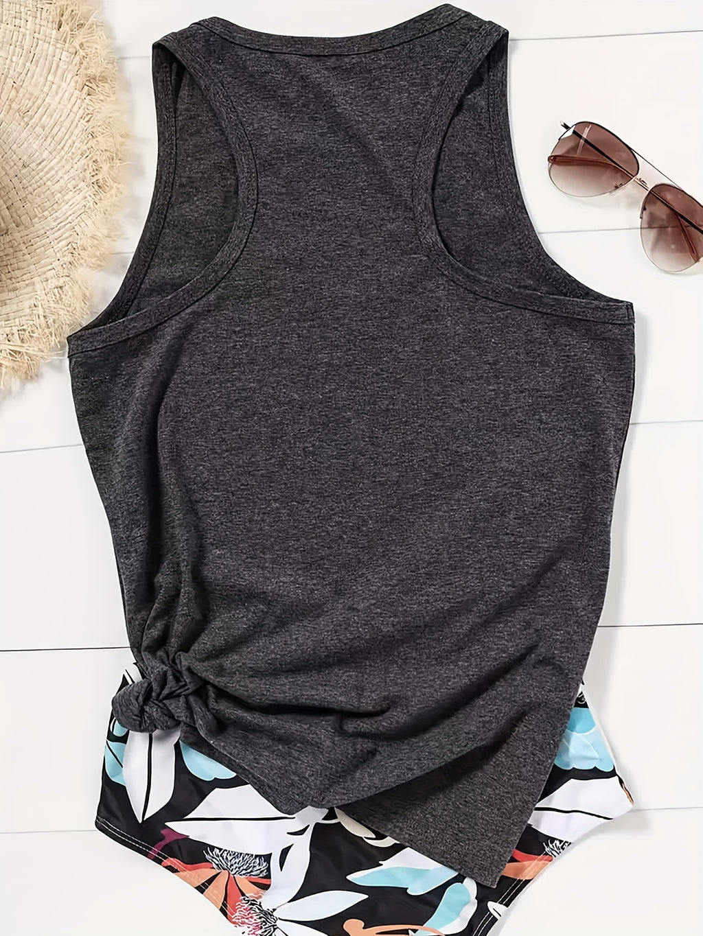 Graphic Print Tank Top, Sleeveless Casual Top For Summer & Spring, Women'S Clothing - Deep Grey