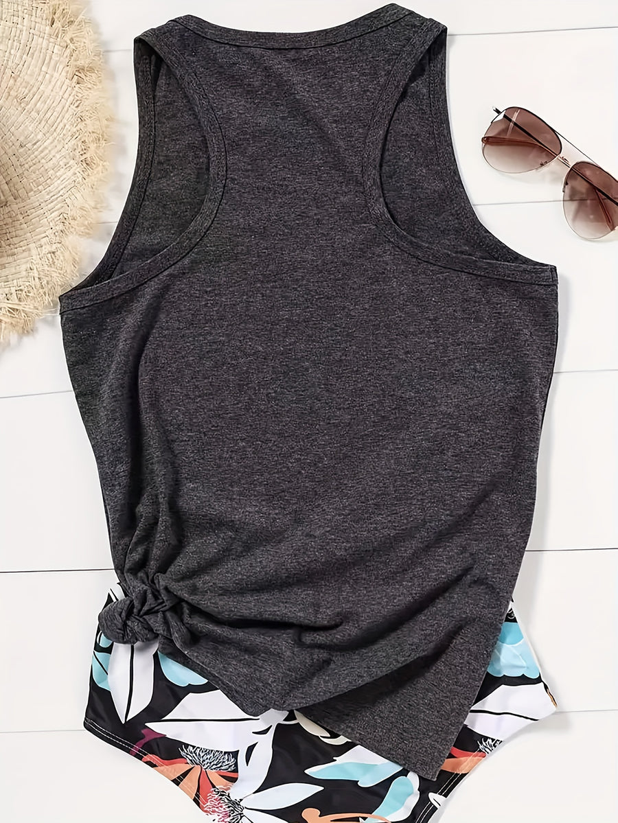 Graphic Print Tank Top, Sleeveless Casual Top For Summer & Spring, Women'S Clothing - Deep Grey