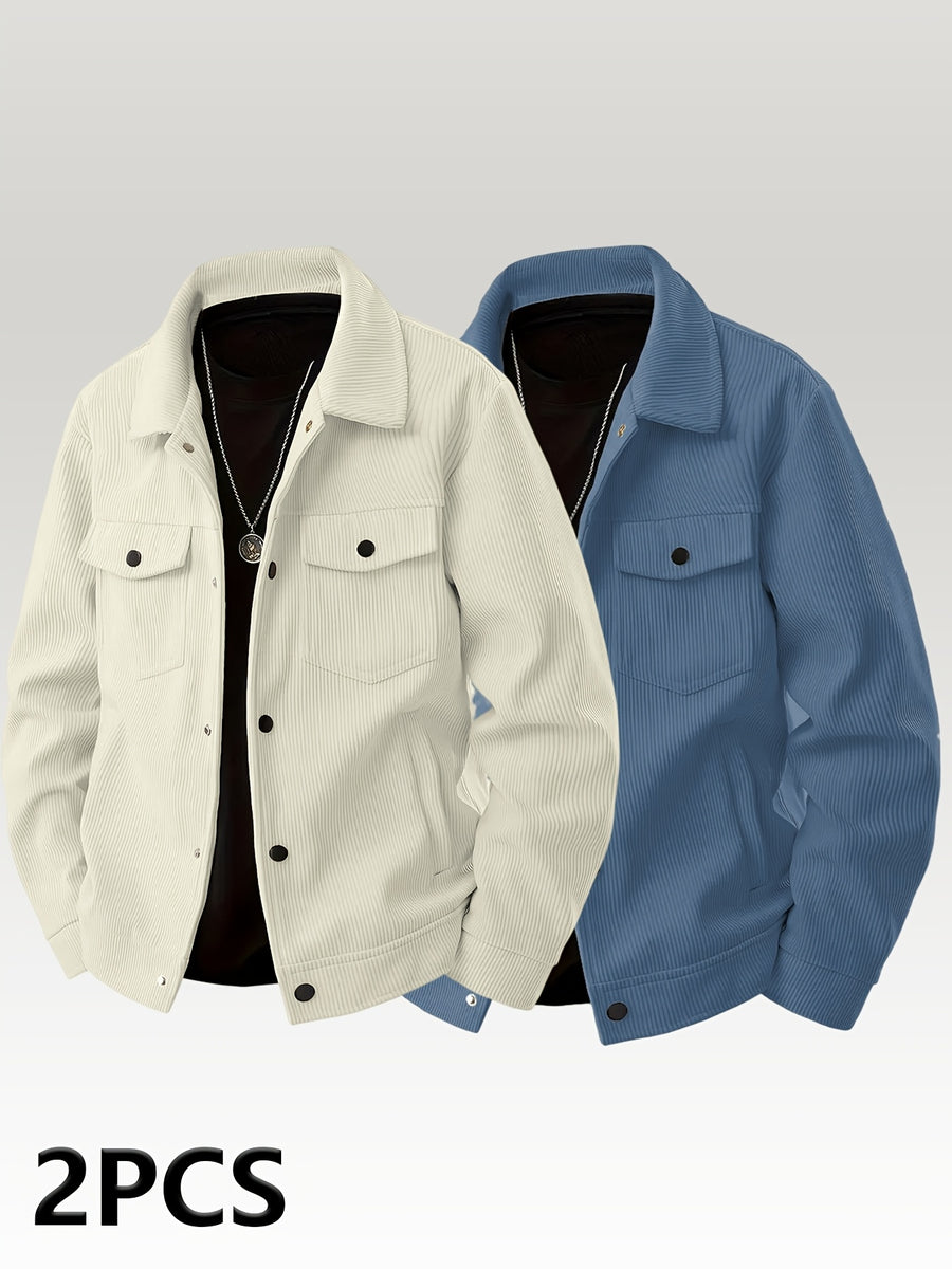 [Pearson OBM] Autumn Hot Style Retro Style Lapel Men'S Solid Color Easy Comfortable Warm Corduroy Cargo Jacket, Encountering Pre-Modern Cross-Border Fashion Jacket 2pcs Set - Milk White+Blue