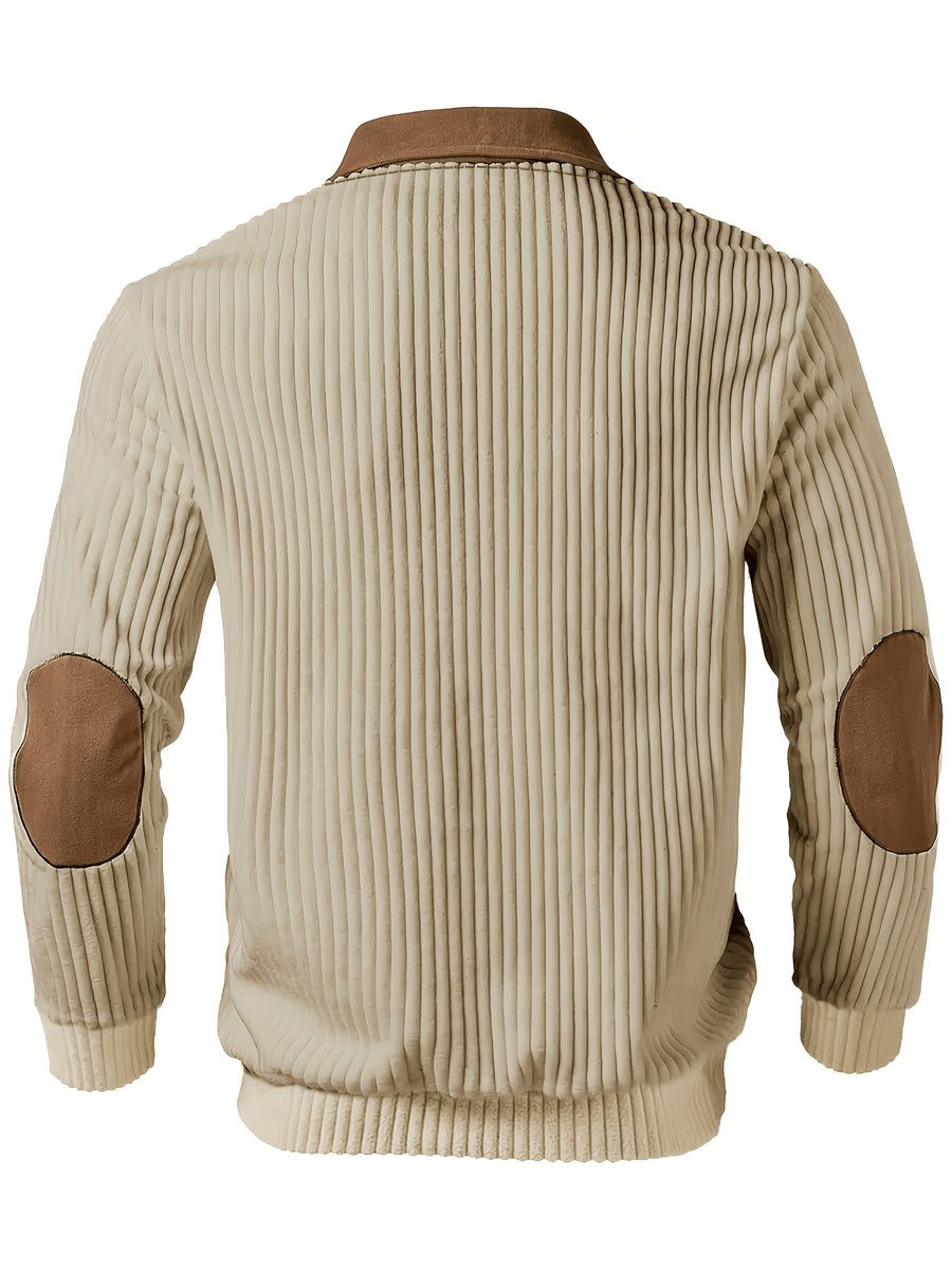 New Christmas Men's Autumn/Winter Brushed Ribbed Cable Knit Sweater, Casual Color-Block Long Sleeve Patchwork Plush Sport Henley Zip-Up Top - Khaki