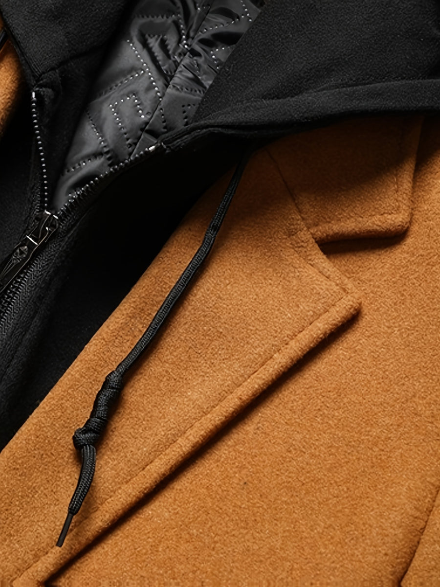 8803 New Thickened Warm Casual Business Removable Hooded Style Thickened Velvet Blend Trench Coat Men'S Jacket - Khaki