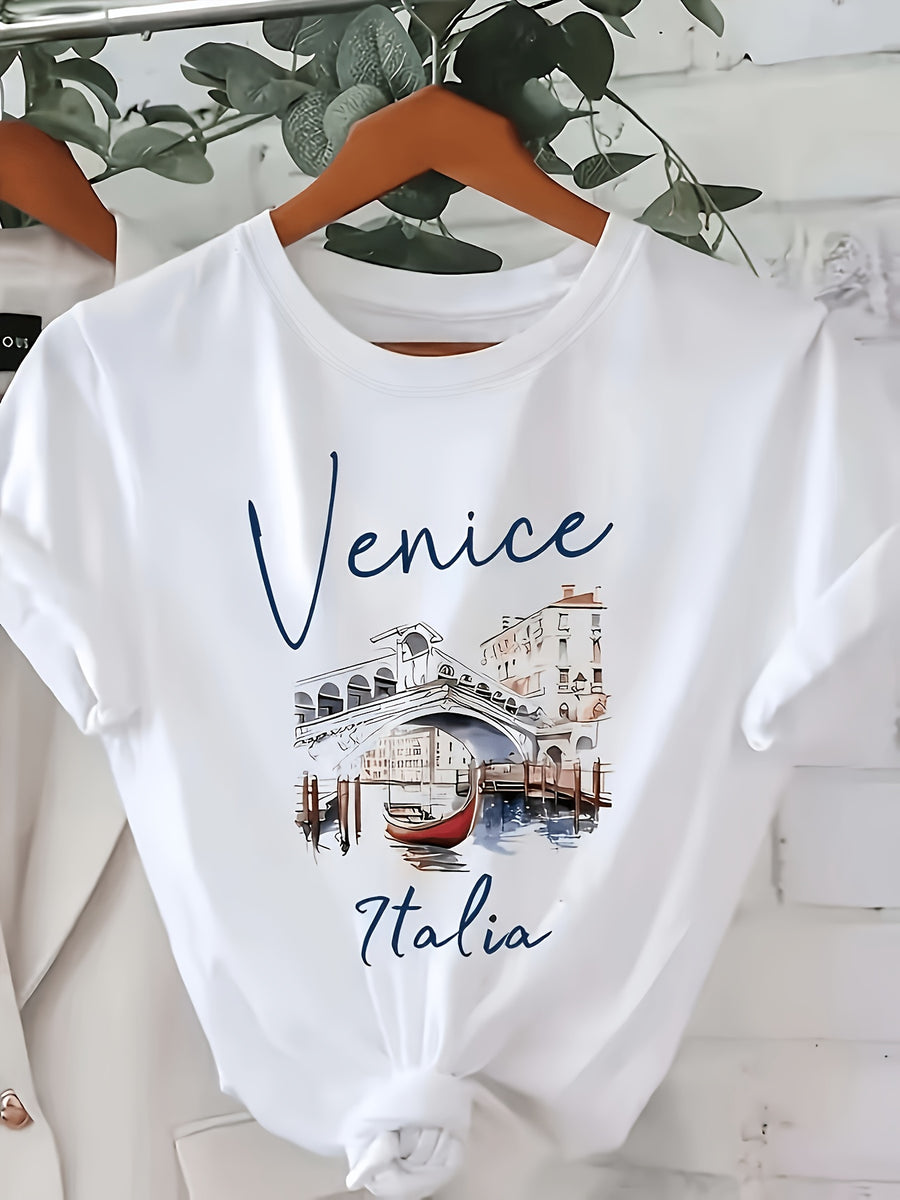 Summer Western Architectural Print Round Neck Regular T-Shirt, Casual Regular Printed Top - White